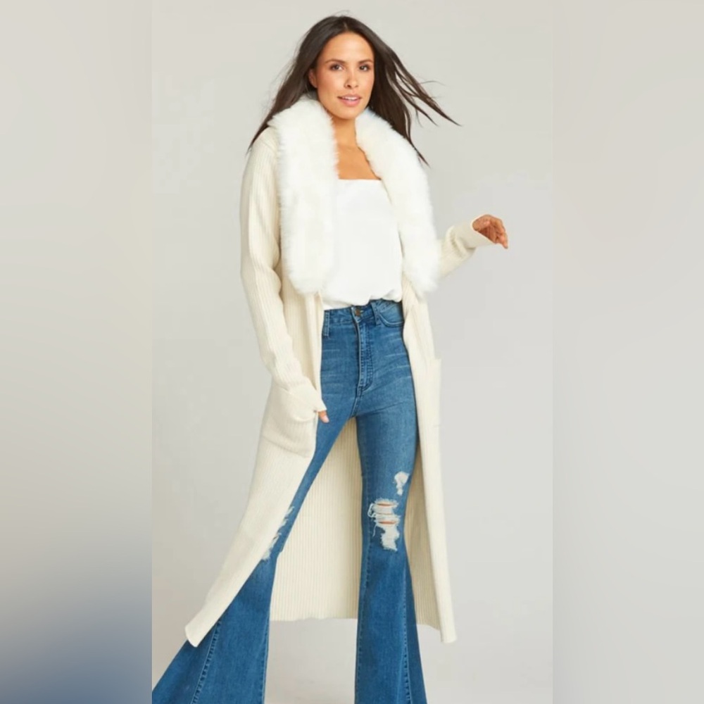 Show Me Your MuMu Cream Long Cardigan  Lombardi with Faux Fur Collar